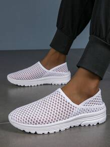 Summer Casual Mesh Slip-On Athletic Shoes, Breathable Lightweight Running Shoes With Hollow-Out Design