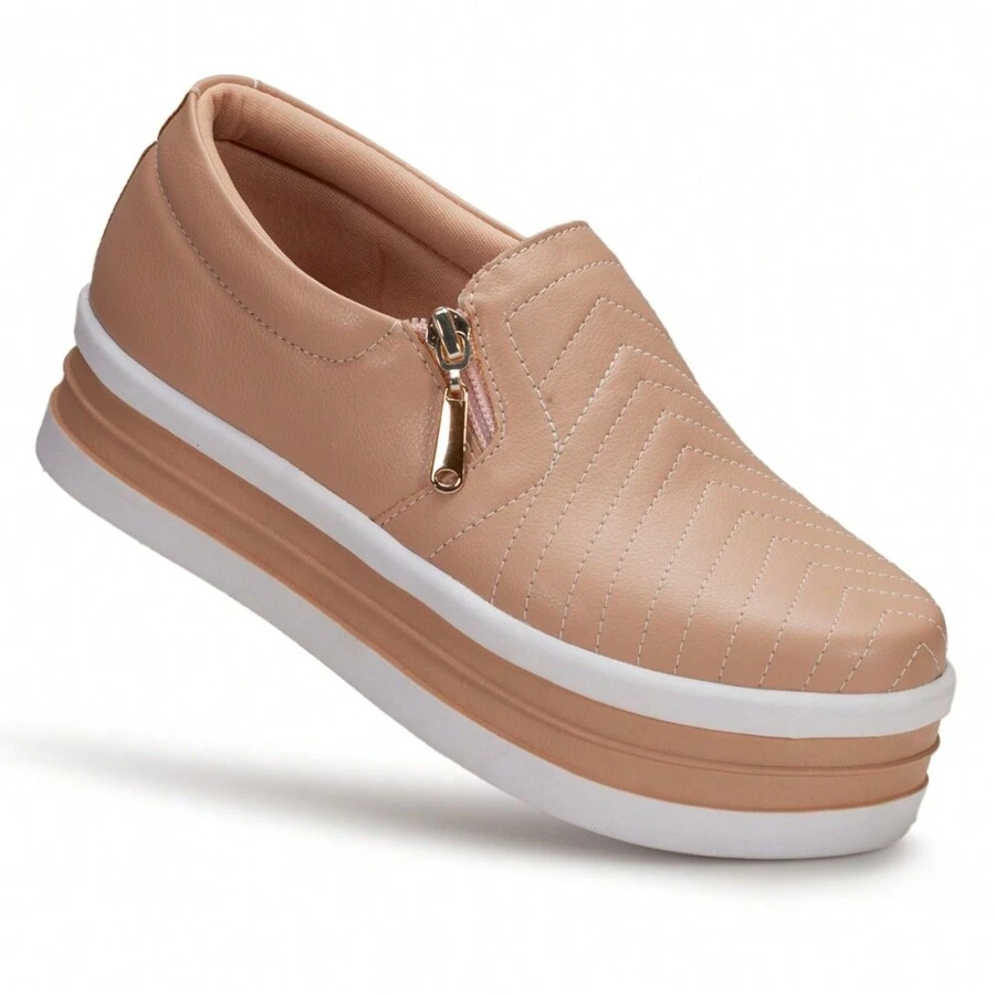 Tênis Slip On Sapatenis Feminino Zìper Sola Plataforma Flat Leve Moda Casual Mulher Fashion Dia Dia - Rosê - Visão 1