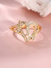 Tsnamer 1枚精美立方氧化锆金色字母心形戒指，26个字母A-Z可定制姓名花朵图案，可调节开口手镯式戒指，适合女性和女孩日常佩戴，生日珠宝礼物 - 金色 - 查看 31