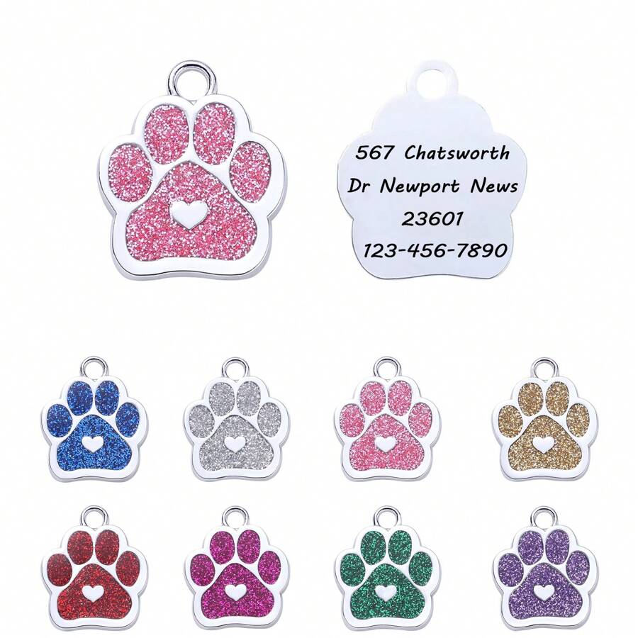 1PC Personalized Pink Heart Customized Silver-Color Dog Paw Shaped Pet ID Tag With Customized Pet Name, Contact Information, Address & More, Engraved To Prevent Losing, Suitable For Small Dogs And Cats - Coral Pink - View 1