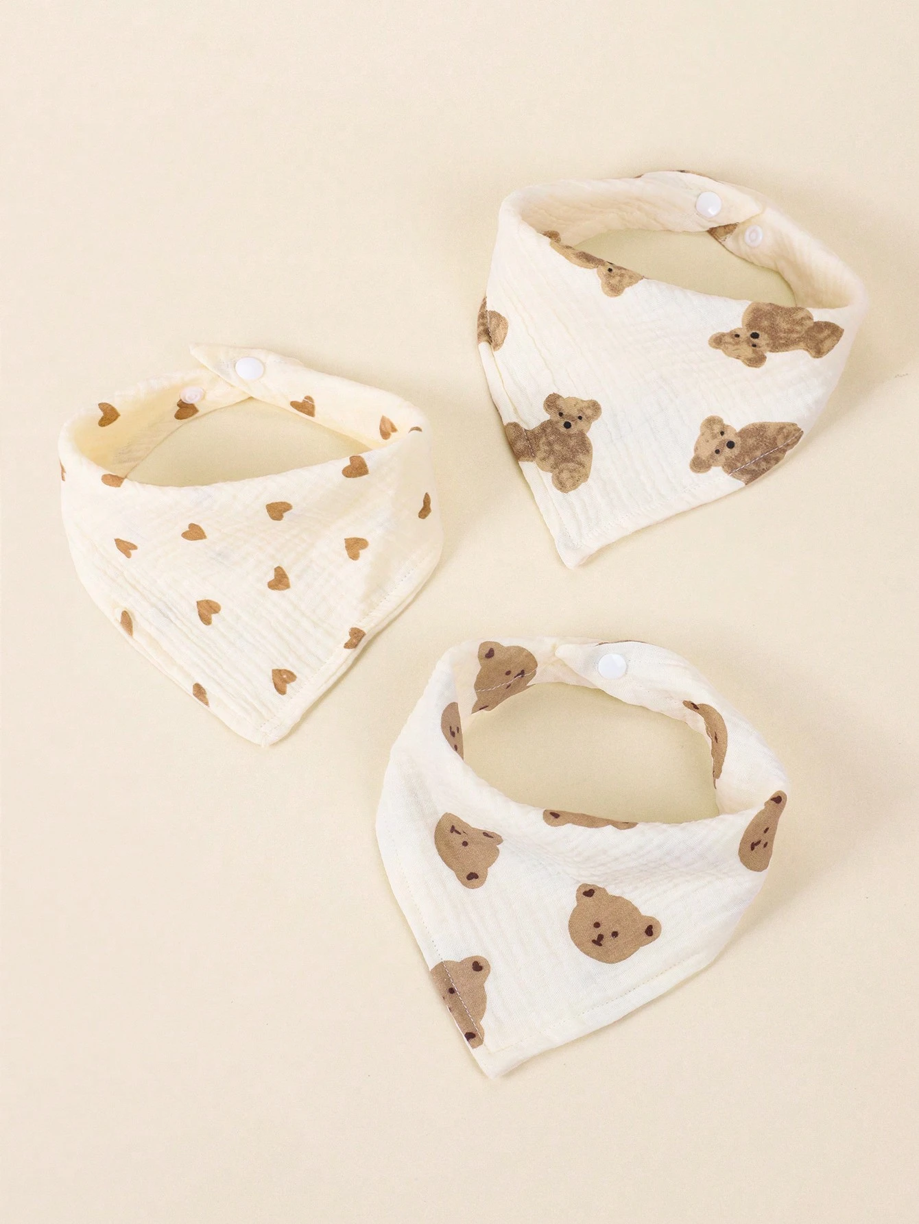 3pcs Baby Toddler Soft Breathable Cute Bear & Heart Printed Bandana Bibs, Multi-Function