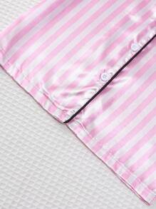 Conjunto de camiseta de manga corta con estampado de rayas en 2 colores y shorts para niña joven - Rosa - Ver 4