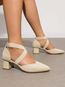 Women's Pointed Toe Chunky Heels Pumps Knitted Closed Toe Comfortable Fashionable Classic Holiday Work Dress Shoes - Màu be - Xem 3