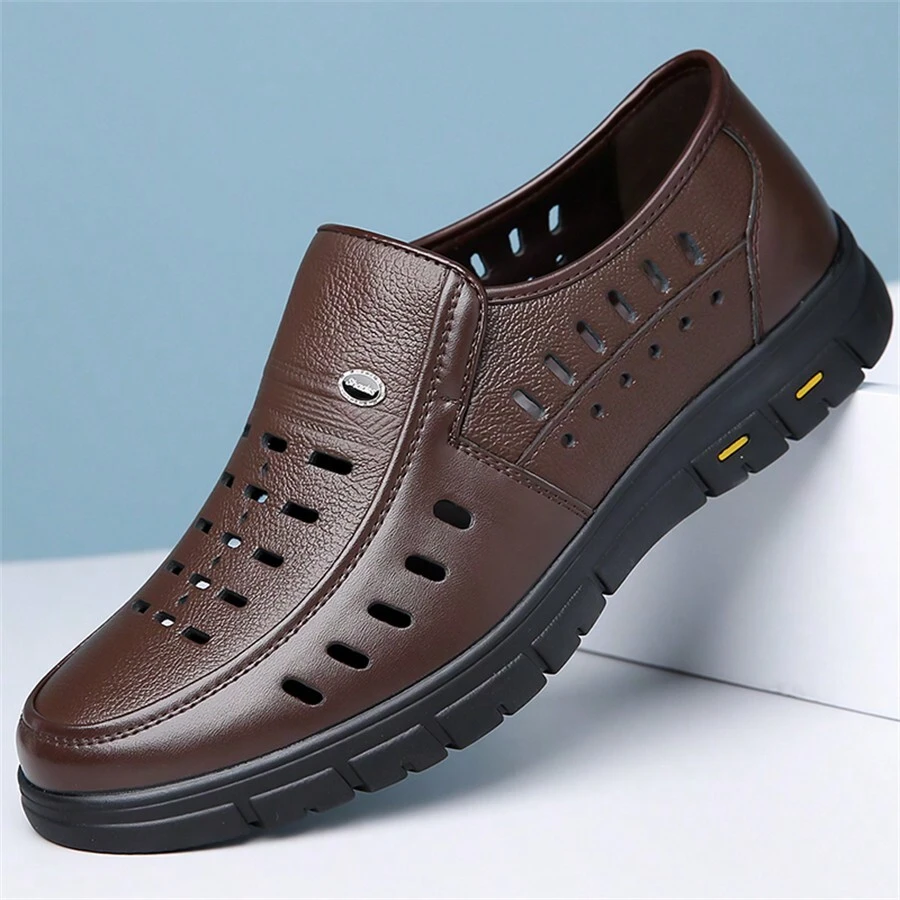 2024春夏季時尚厚底軟底防滑皮質中年男士休閒皮鞋 - 棕色 - 查看 1