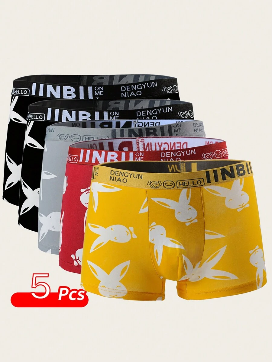 5 Pieces Men's Wrinkle Free Running Briefs, Letter Cartoon Print Four Colours Long Leg Boxers - Multicolor - View 1