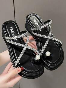 Sandali da donna con cinturini incrociati, suola spessa con strass e infradito, comodi, alla moda, casual, ciabatte aperte da casa - nero - Visualizzare 4