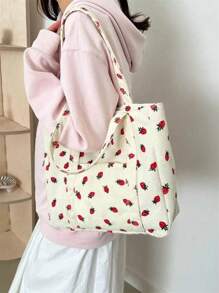 One Large Capacity Corduroy Tote Bag With Strawberry Print - White Strawberry Bag - View 2