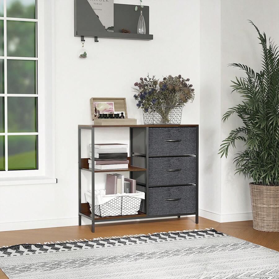 Mobile Cassettiera Multiuso con 3 Cassetti Pieghevoli in Tessuto, Arredamento Soggiorno e Camera, 80x29x71cm, Grigio Scuro - nero - Visualizzare 1