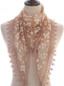 1pc Women Floral Lace Shawl With Hollow-Out Flower Pattern Decor, Breathable Fringed Triangle Scarf For Outdoor And Daily Use, Summer - Multicolor - View 15
