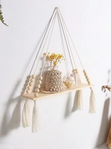 1 pieza Estante colgante decorativo tejido a mano de estilo bohemio para la pared, estante de almacenamiento montado en la pared