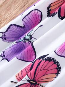 少女夏季蝴蝶印花蝙蝠袖上衣+寬腿褲休閒套裝 - 白色 - 查看 8