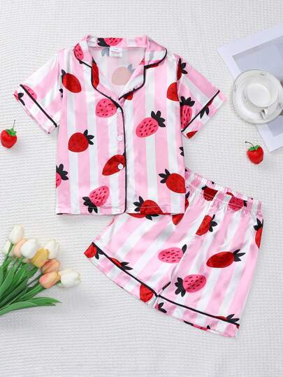 Young Girl Cute Strawberry Allover Print Short Sleeve T-Shirt And Shorts Set