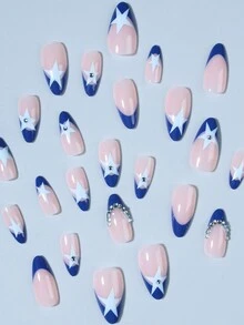 Set de 24 pegatinas de uñas francesas de almendra larga estilo Y2K, con patrón de estrellas azules y cristales, incluye 1 pieza de gel de gelatina y 1 pieza de lima de uñas, adecuado para decoración de uñas de mujeres y niñas - Multicolor - Ver 3