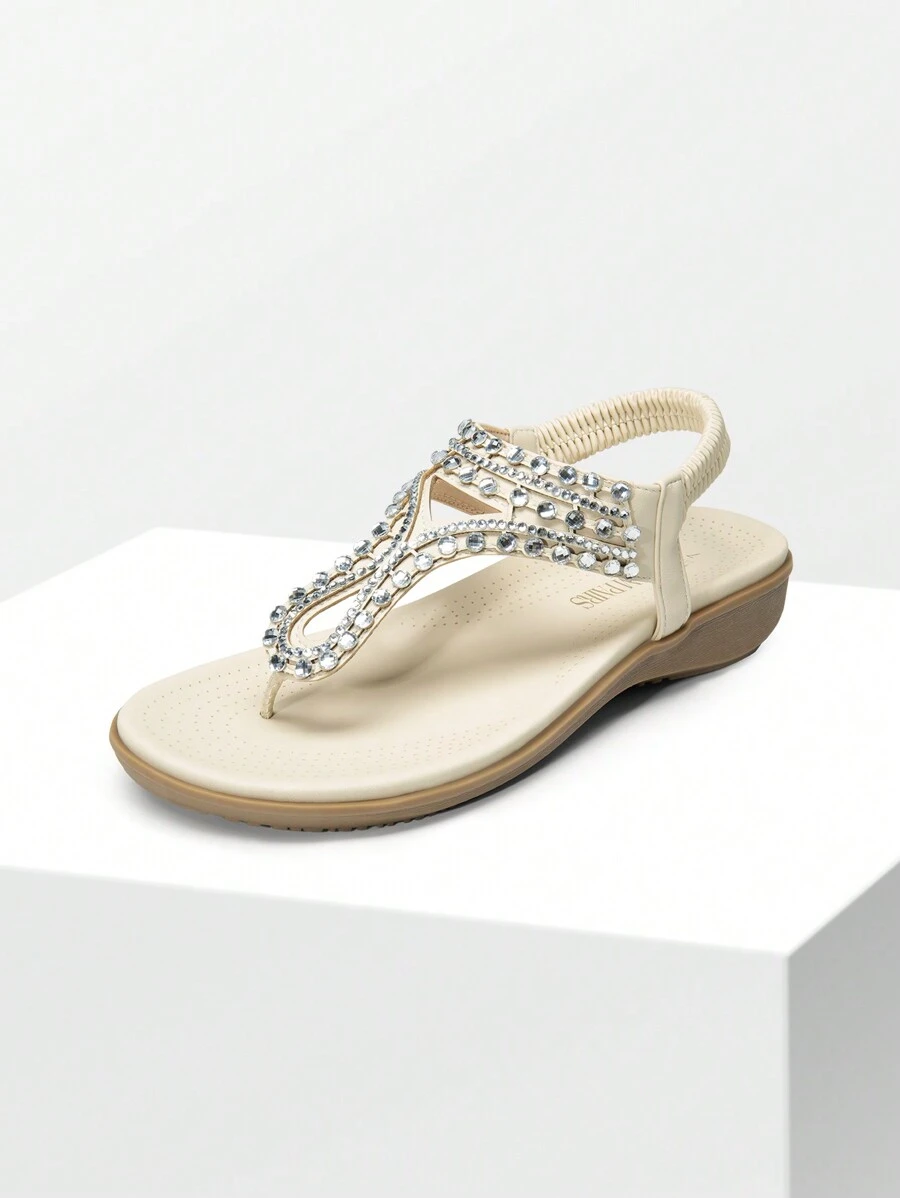 Women's Comfortable Dressy Flat Sandals Rhinestone Elastic T-Strap Thong Sandals For Summer Beach - White - View 1