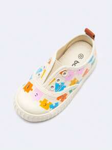 Balabala Girls Cute Colorful Puzzle Printed Comfortable Non-Slip Slip-On Canvas Shoes White - White - View 3