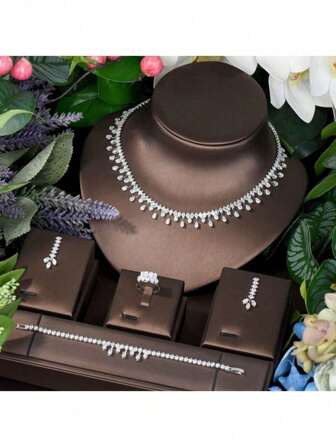 1set Simple Cubic Zirconia Teardrop Decorated Jewelry Set, Perfect For Gifting Women As Birthday Gift