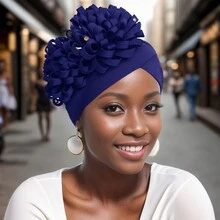 Turbantes para damas con dos flores grandes, trabajo pesado, tachuelas y cristales; de moda, relajantes, cómodos, transpirables, perfectos para uso diario en casa o al aire libre. Gorro de pelo, turbante de gorro - A - Ver 11