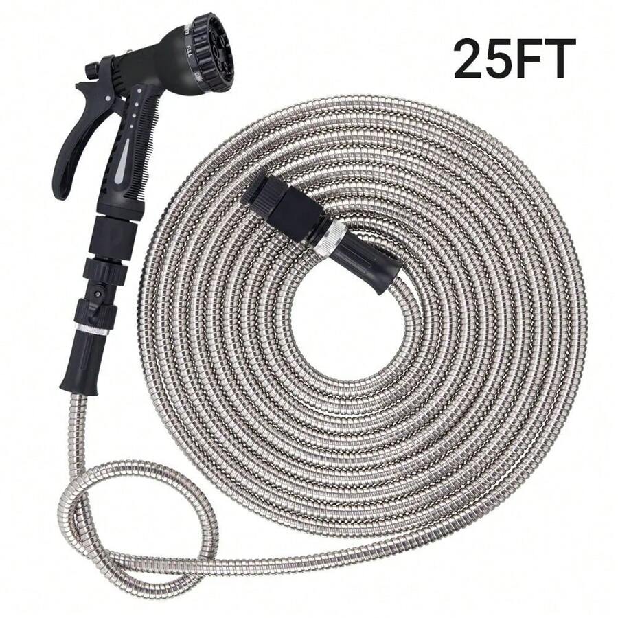 25FT  Stainless Steel Garden Hose Pipe Water Rust-Proof Kink-Free Spray Gun - Silver - View 1