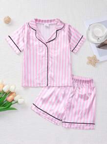 Conjunto de camiseta de manga corta con estampado de rayas en 2 colores y shorts para niña joven - Rosa - Ver 1
