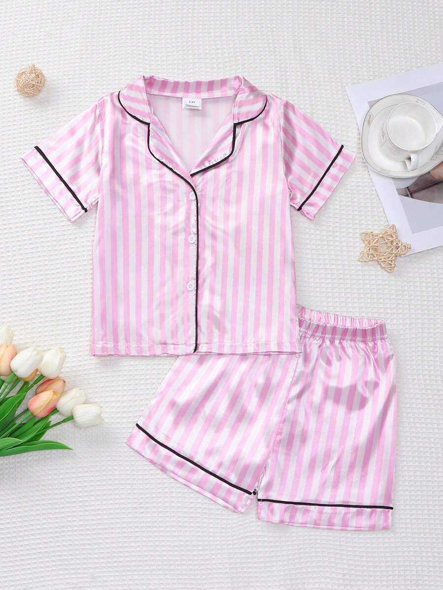Conjunto de camiseta de manga corta con estampado de rayas en 2 colores y shorts para niña joven - Rosa - Ver 1