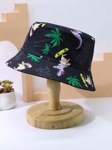 1頂中性印花恐龍漁夫帽，適合大童使用的遮陽帽 - 黑色 - 查看 1