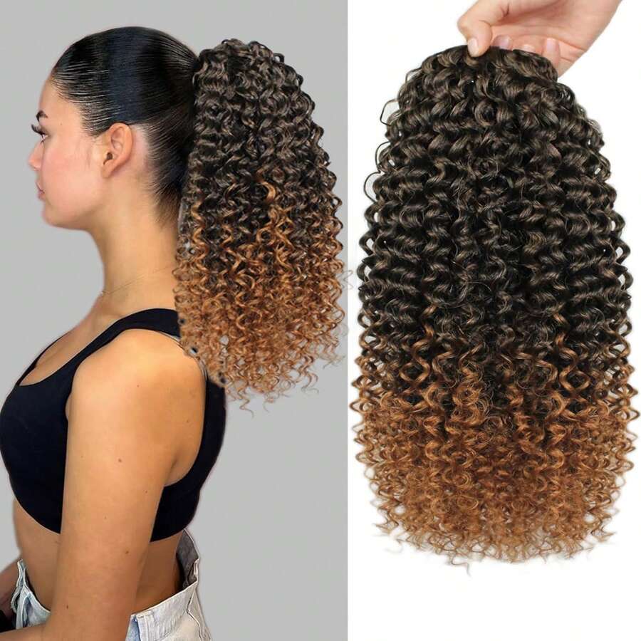 用短款爆炸頭鬈曲馬尾髮片,合成非洲裔短鬈曲馬尾髮片,適用於女性
