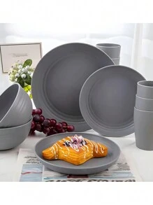 4/16/32pcs Gray Plastic Tableware Set, Reusable & Dinner Plate, Bowl And Cup, Suitable For Home Kitchen, Outdoor Travel, Party Gathering, Portable Dinnerware Set,Kitchen,Christmas Gift,School Supplies