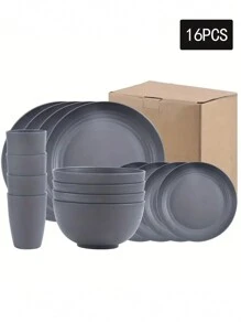 4/16/32pcs Gray Plastic Tableware Set, Reusable & Dinner Plate, Bowl And Cup, Suitable For Home Kitchen, Outdoor Travel, Party Gathering, Portable Dinnerware Set,Kitchen,Christmas Gift,School Supplies