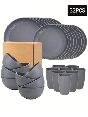 4/16/32pcs Gray Plastic Tableware Set, Reusable & Dinner Plate, Bowl And Cup, Suitable For Home Kitchen, Outdoor Travel, Party Gathering, Portable Dinnerware Set,Kitchen,Christmas Gift,School Supplies