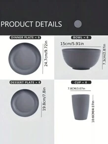 4/16/32pcs Gray Plastic Tableware Set, Reusable & Dinner Plate, Bowl And Cup, Suitable For Home Kitchen, Outdoor Travel, Party Gathering, Portable Dinnerware Set,Kitchen,Christmas Gift,School Supplies