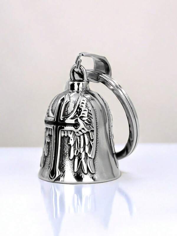 1 pieza Colgante de campana vintage punk de acero inoxidable con alas de ángel y patrón de motocicleta vikinga, para montar en motocicleta, exorcismo, como llavero, regalo, accesorio para coche, accesorio para bolso, recuerdo escolar