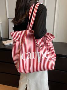 Contrast Color Design, Lightweight And Easy To Carry, Suitable For School, Campus, Library, Shopping, Travel, Outdoor Activities, Picnics And More. Large Capacity Handbag With Shoulder Strap, Can Store School Supplies, Ideal For Back To School, Bookbag, Tote Bag, Canvas Bag. Foldable And Portable, Classic Casual Style, Suitable For Teenagers, Women, College Students. Perfect Choice For Back To School, First Day Of School, Beach, Holiday, Vacation. - Multicolor - View 3