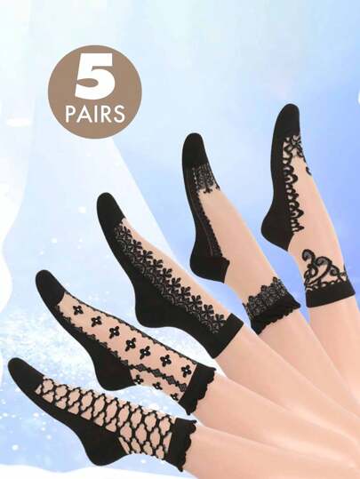 5 Pairs/Set Random Dispatch Women Mid-Calf Skin-Colored Crew Socks With Soles, Crystal Silk Lightweight Glass Silk, Embroidery Flower Lace, Wear-Resistant, Breathable, Non-Slip, Summer, Fall