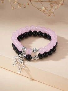 2pcs Cross Friendship Bracelets For Women, Glass Beads Cross Pendant Sideways Cross Bracelet For Best Friend Grandma Mom Sister Daughter - View 3