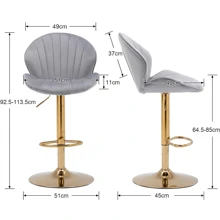 WAHSON OFFICE CHAIRS 2PCS Wahson Adjustable Velvet Bar Stool High Bar Chair Counter Stools With Gold Leg, Padded Gold Stool For Bar/Kitchen - Grey - View 2