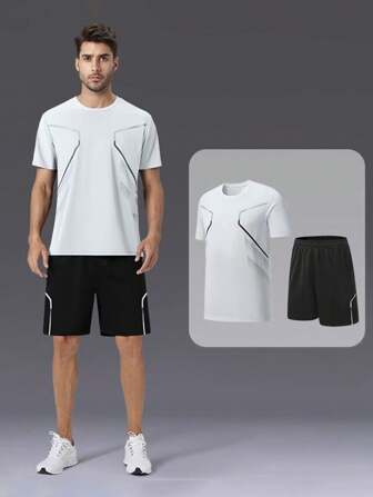 YINGHU 男友风男士篮球/跑步/骑行/健身透气短袖速干冰丝 T 恤和短裤运动服套装健身服 男友风男士运动套装男友风男士短裤套装健身套装 男友风男士两件套服装