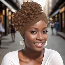 Turbantes para damas con dos flores grandes, trabajo pesado, tachuelas y cristales; de moda, relajantes, cómodos, transpirables, perfectos para uso diario en casa o al aire libre. Gorro de pelo, turbante de gorro - A - Ver 10