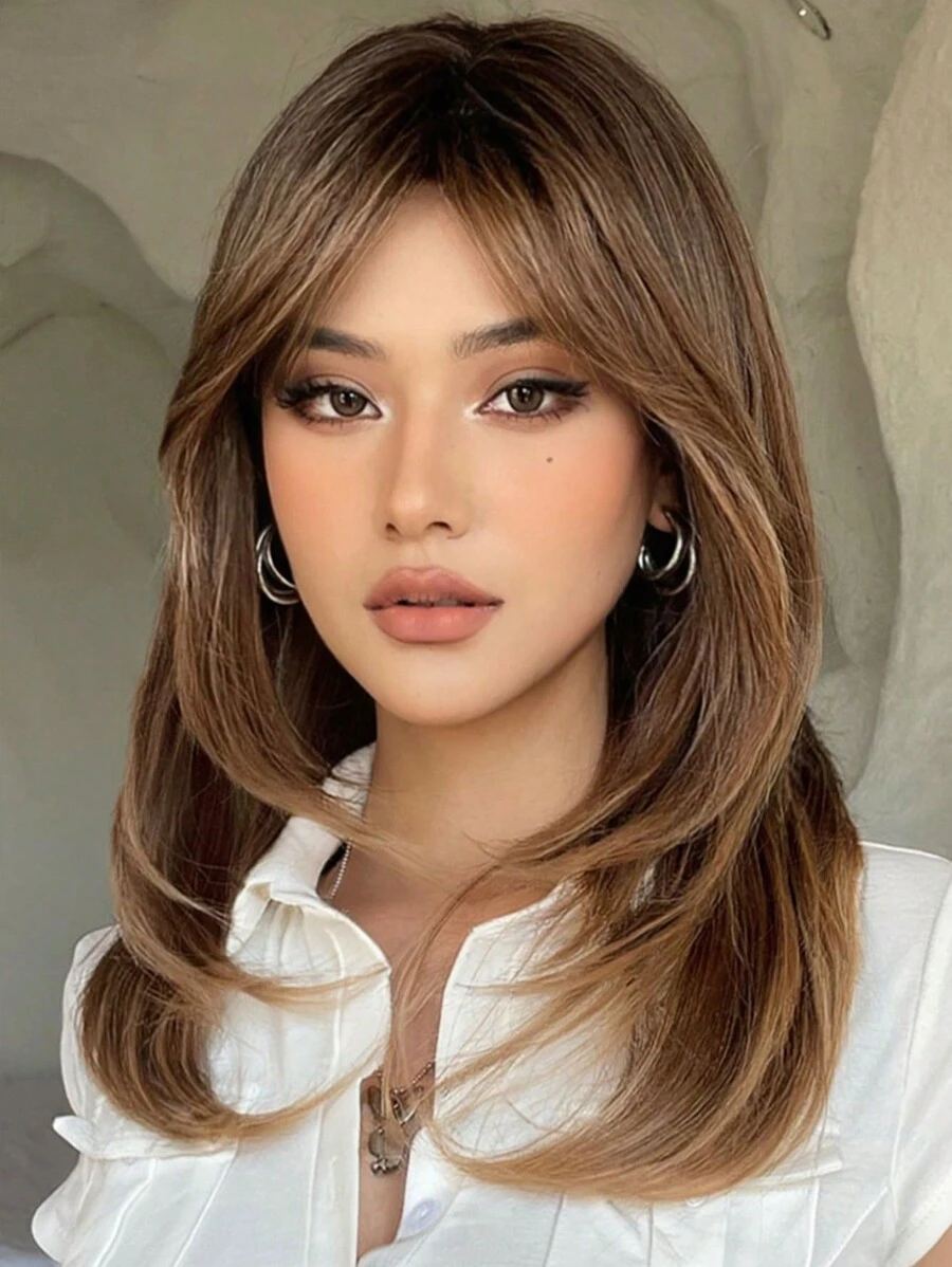 女士深棕色长假发 棕色 18 英寸中长直发合成假发带刘海 适合日常使用