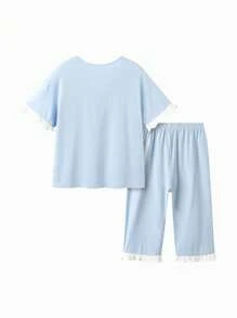 Balabala Girls' Pajama Set Summer Air-Conditioned Clothing Children's Home Clothing Kids' Big Kids' Cartoon Print Cute