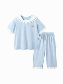 Balabala Girls' Pajama Set Summer Air-Conditioned Clothing Children's Home Clothing Kids' Big Kids' Cartoon Print Cute