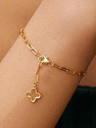 SYMFNY A Simple Basic 925 Silver Chain Bracelet With Hollowed Clover Pendant Valentines