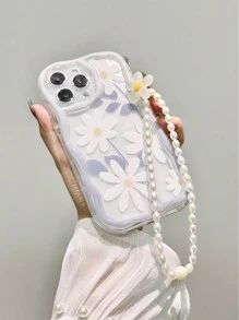 蓝色奶油色波浪边亮面花卉彩绘防震手机壳，带挂绳，兼容 XR/7/8、 15 Pro Max、 13、 14、 11、Galaxy S24、Galaxy S24+、Galaxy S24 Ultra、Galaxy S22、Galaxy A13 4G、Galaxy A52、A52s 5G、Redmi Note 11、11 Lite。 - 彩色 - 查看 4