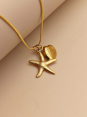 1pc Minimalist & Fashion Stainless Steel 3D Scallop Shell + Hollow Starfish Ocean Style Pendant Necklace, Suitable For Couples' Daily Wear