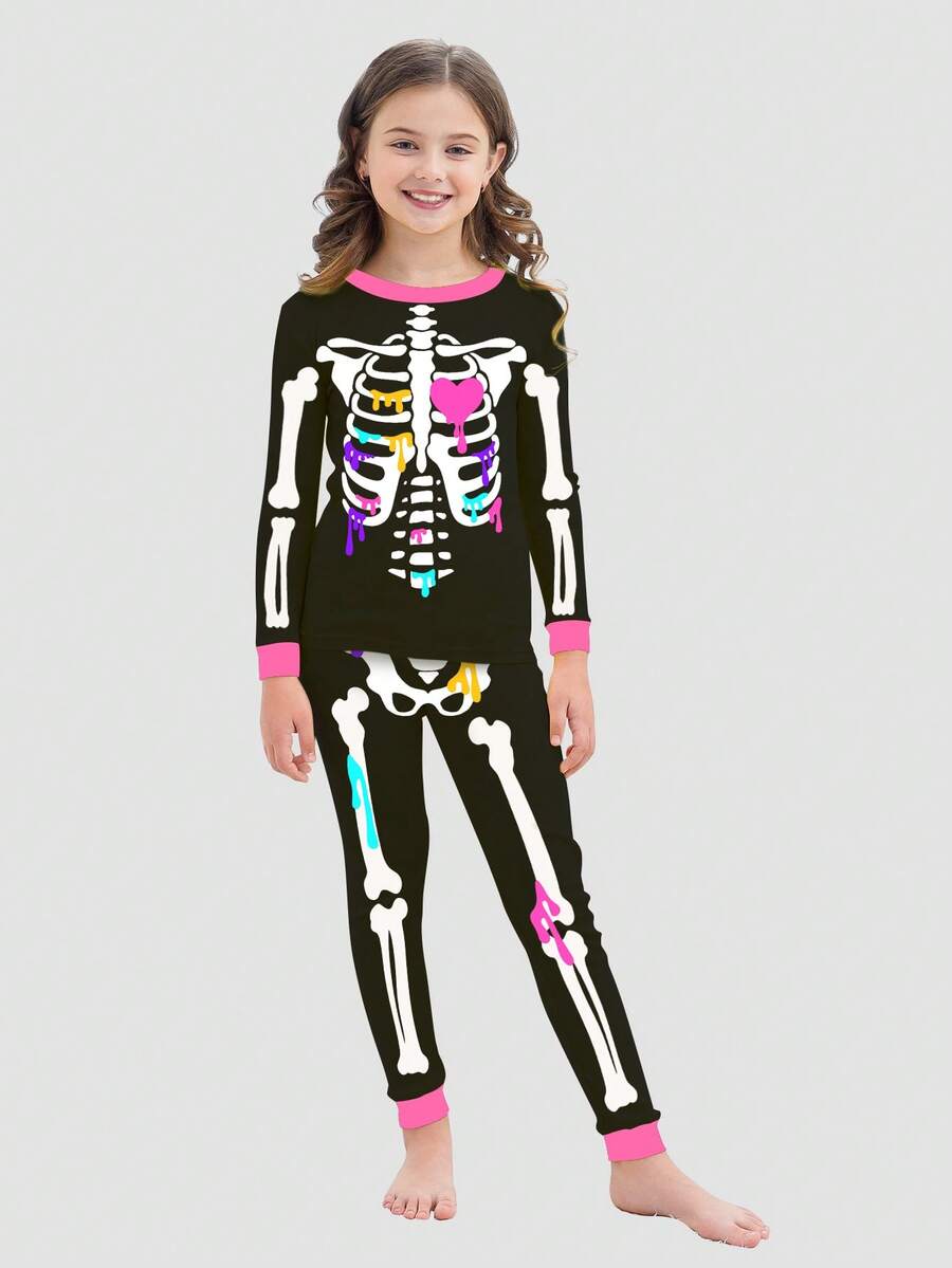 2件套骷髏心臟聖誕節貼身少女睡衣套裝，適用於家居休閒穿著 - 彩色 - 查看 1