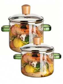 2 piezas de ollas transparentes para cocinar, olla de vidrio transparente, olla para cocinar en la estufa con tapa y mango, cacerola grande de vidrio transparente, sartén para paella, olla para cocinar a fuego lento con tapa, adecuada y segura para sopa, leche, comida para bebés. - 2 piezas - Ver 2
