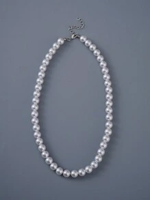 1pc White Fashionable Simple All-Match 4mm/12mm Glass Pearl Beaded Necklace, Holiday Gift, Suitable For Men Daily Wear - White - View 15