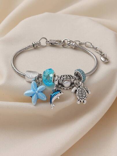 قلادة من السيراميك بموضوع المحيط بشكل نجم البحر / محارة / دلفين/سلحفاة، مرفقة بسوار من النحاس المرصع بالخرز للنساء، مناسبة لقضاء عطلة الصيف على الشاطئ أو لصنع مجوهرات DIY