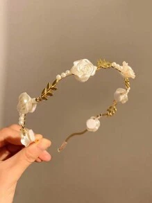 1 Stück Französisches Vintage-stirnband Mit Fortschrittlicher Beflockung, Rosenperlen Und Blattgold, Luxuriöse Verfeinerung, Allseitig Abgestimmtes Feen-haar-zubehör Für Den Außenbereich - 1 Packung - Übersicht 13