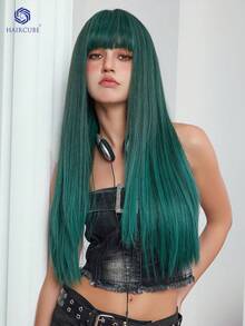Black Long Straight Wigs For Women, Natural Black Synthetic Wigs With Bangs, Elegant Beautiful Natural Looking Heat Resistant Synthetic Wig Daily Party Use - 墨綠色 - 查看 3