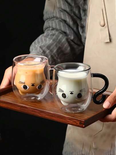 1 peça, caneca de vidro com desenho de gatinho, xícaras de café expresso com parede dupla, copos de água com isolamento térmico, copos fofos de gato kawaii, presentes de aniversário de volta às aulas